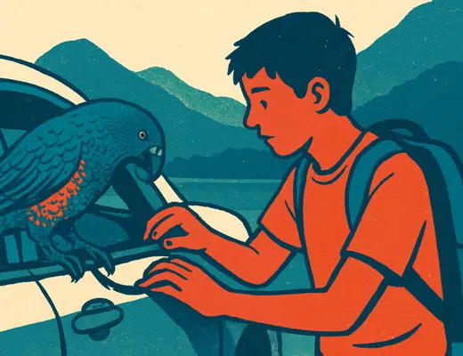 A young person meeting a kea in a mountain landscape